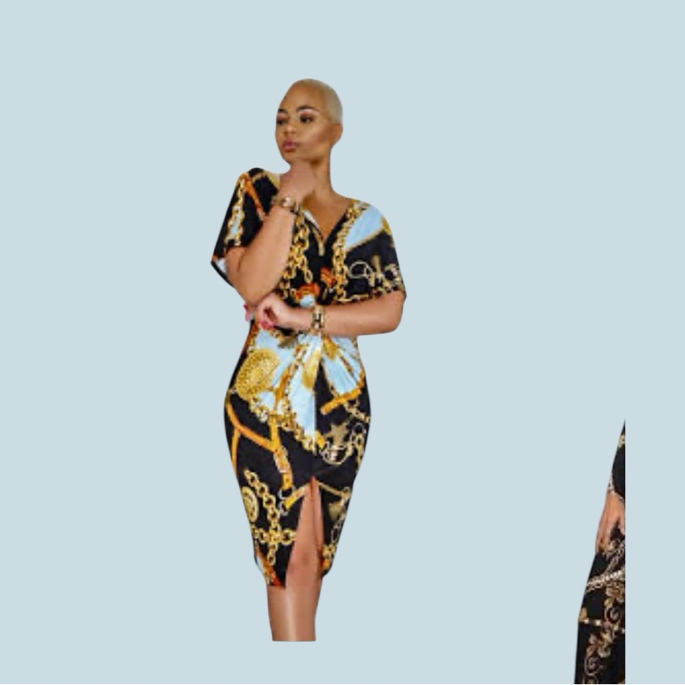 Elegant Black and Gold Chain Print Dress